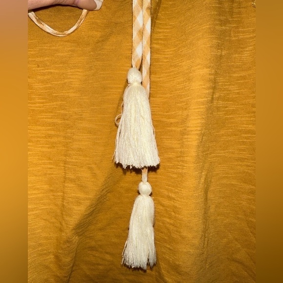 Porridge lagenlook cottagecore mustard yellow blouse boho layer sleeves tassel S - Picture 5 of 9